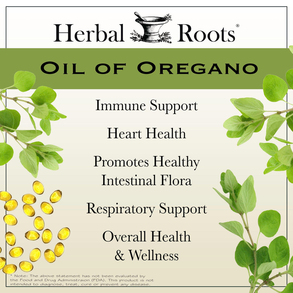 Herbal Roots oregano oil label closeup highlighting purity and ingredients.