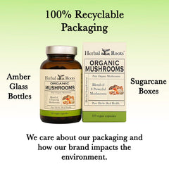 Herbal Roots Organic 8 Mushroom Blend box packaging reflects a family-owned brand.