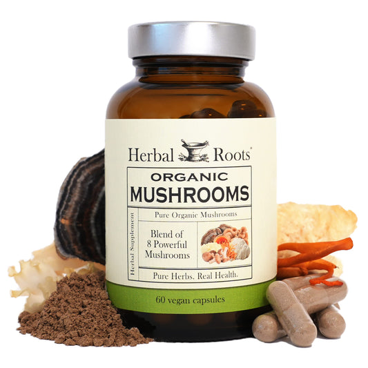 Herbal Roots Organic 8 Mushroom Blend capsules front view for daily wellness support.