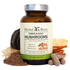 Herbal Roots Organic 8 Mushroom Blend capsules front view for daily wellness support.