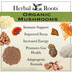 Herbal Roots Organic 8 Mushroom Blend label detail highlighting organic certification.