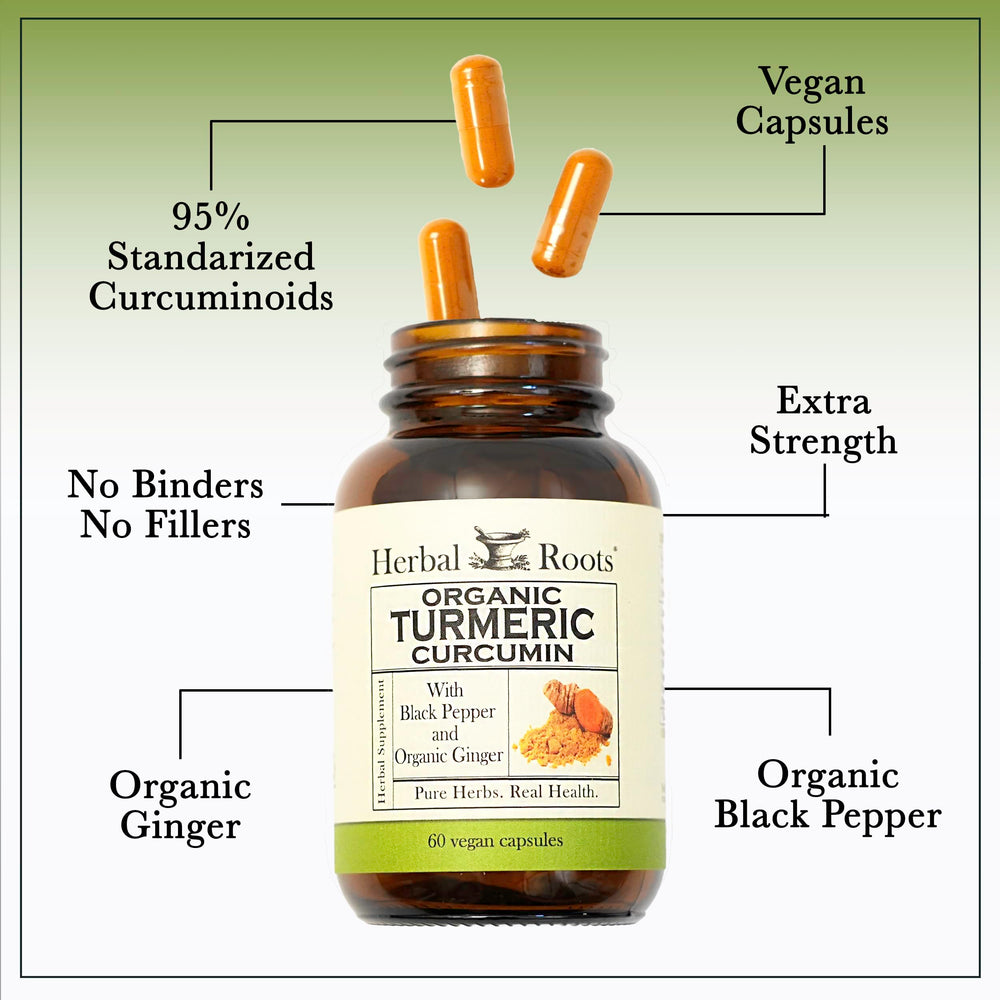 Herbal Roots Organic ginger and black pepper pairing suggests absorption support.