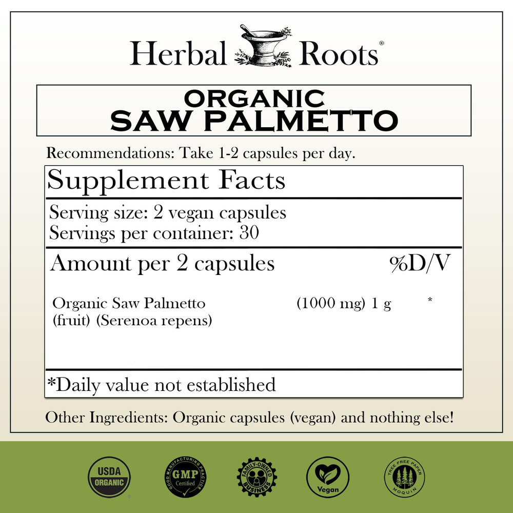 Herbal Roots Saw Palmetto bottle back with clean ingredient details.