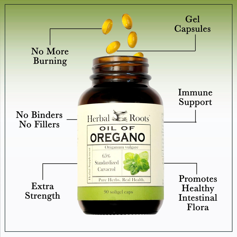 Herbal Roots softgel capsules pour showing easy dosing.