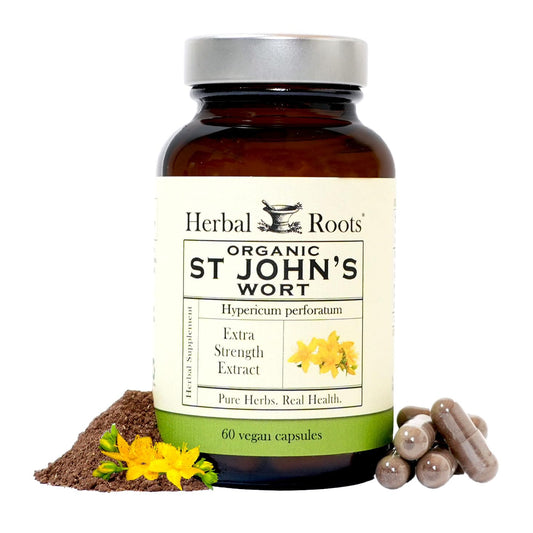 Herbal Roots St Johns Wort capsules bottle with label for mood support