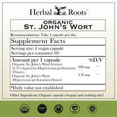 Herbal Roots St Johns Wort capsules close-up showing pure flower extract
