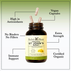 Herbal Roots St Johns Wort label close-up indicating organic sourcing