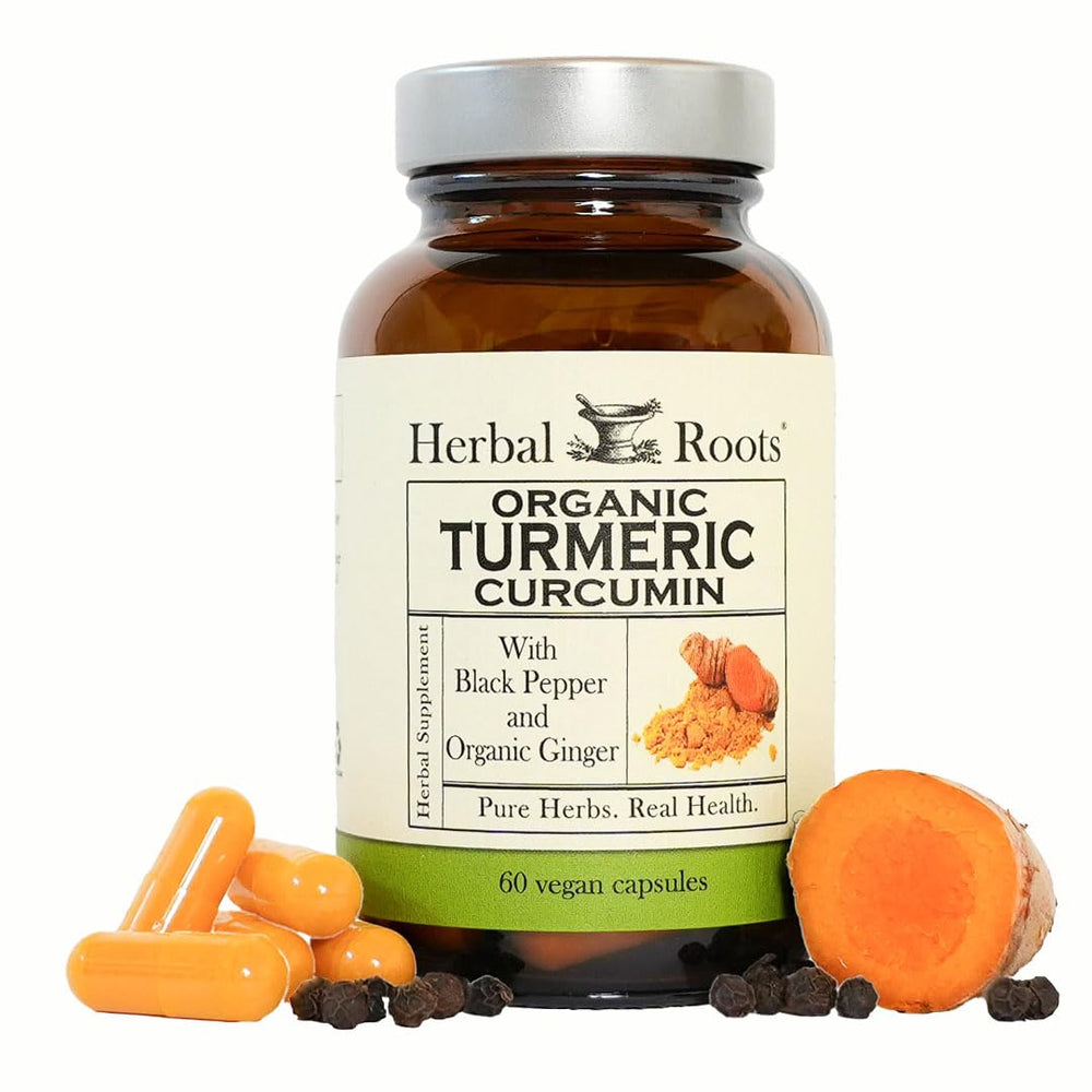 Herbal Roots Turmeric Curcumin bottle front shows extra strength 1000mg for daily vitality.