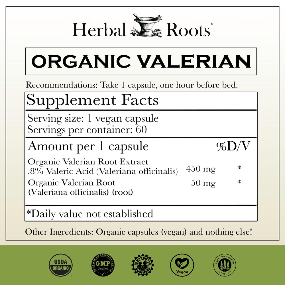 Herbal Roots valerian capsules closeup emphasizing the pungent aroma and premium quality.