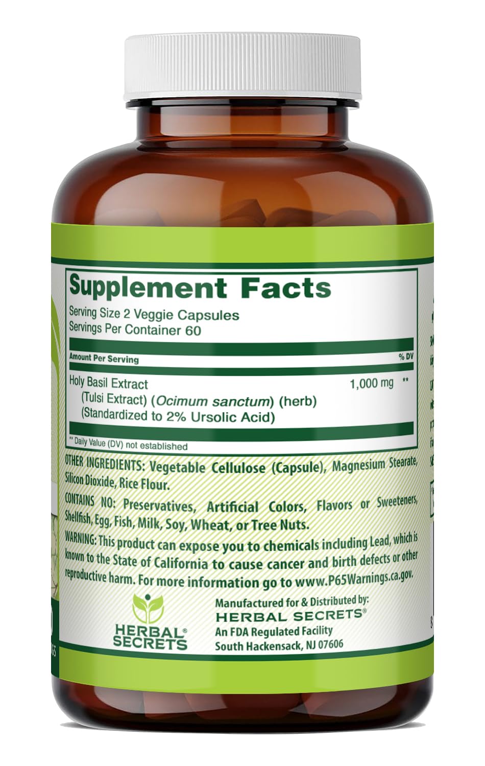 Herbal Secrets Holy Basil veggie capsules showcase non-GMO and gluten-free formulation.
