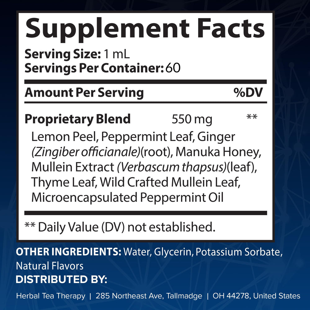 Herbal Tea Therapy Lung Renew label closeup highlights peppermint, thyme, and mullein blend.