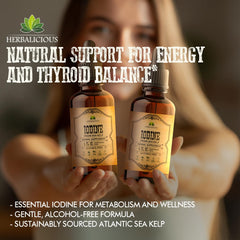 Closeup of the HERBALICIOUS Iodine Drops label, clean plant-based formula.