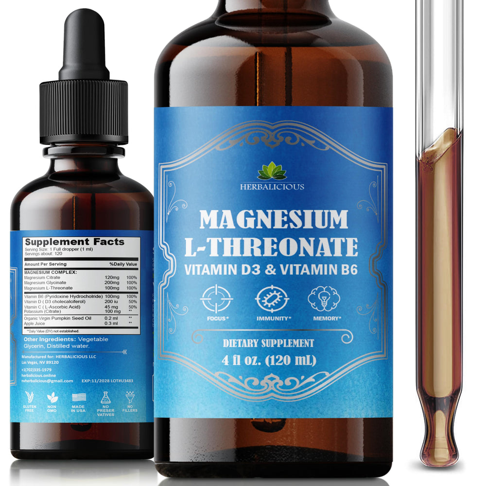 HERBALICIOUS Magnesium Complex Liquid bottle on kitchen counter supports daily wellness.