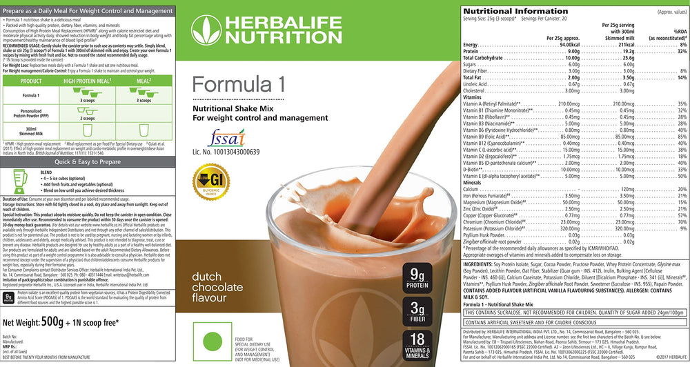 Herbalife Formula 1 Dutch Chocolate shake served with spoon and water glass.