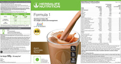 Herbalife Formula 1 Dutch Chocolate shake served with spoon and water glass.