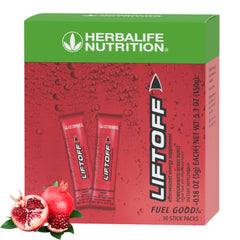 Herbalife Liftoff Pomegranate-Berry Burst packaging signaling a quick energy lift