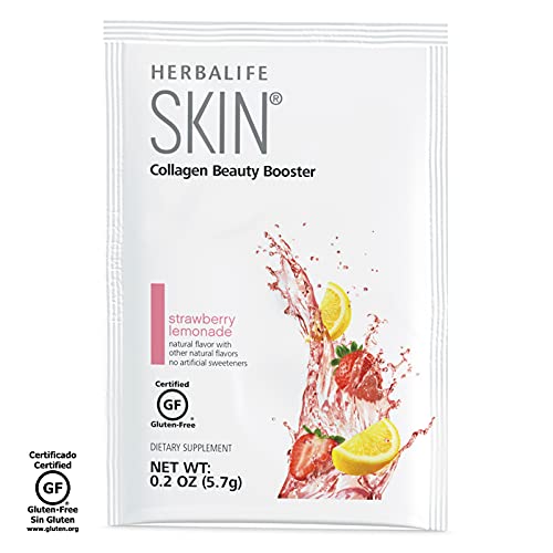 Herbalife Skin Strawberry Lemonade packets on box, convenient daily beauty booster.