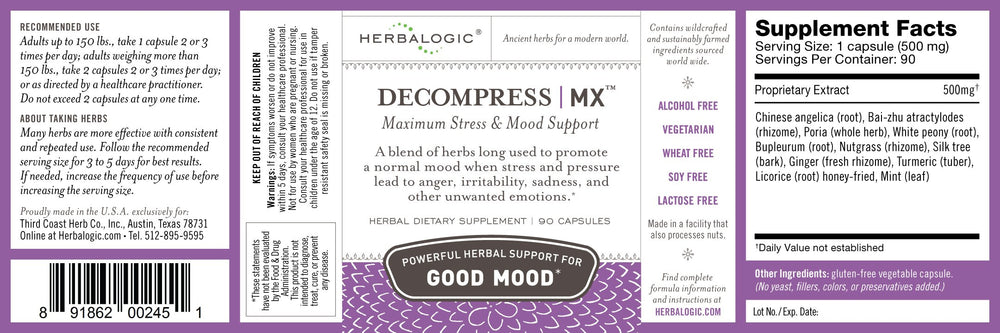Herbalogic Decompress MX capsules closeup highlighting traditional herbal blend for mood support