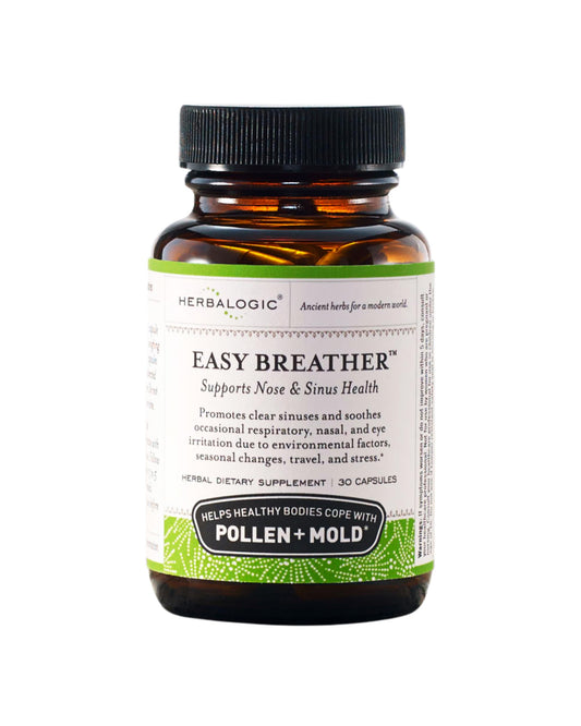 Herbalogic Easy Breather capsules front label highlights mint blend for seasonal breathing support.
