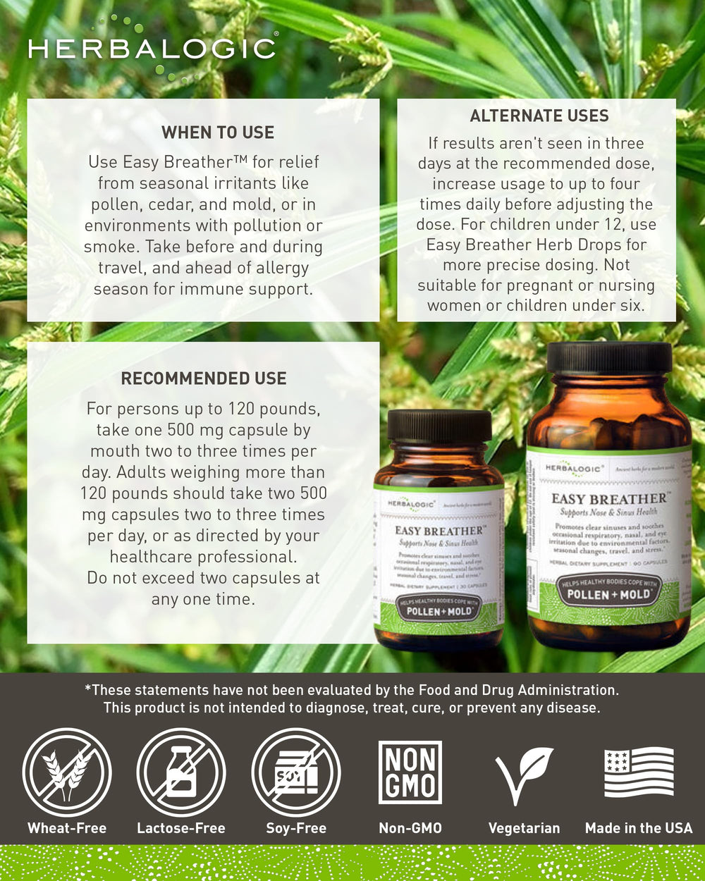 Herbalogic Easy Breather ingredients panel highlights natural plants