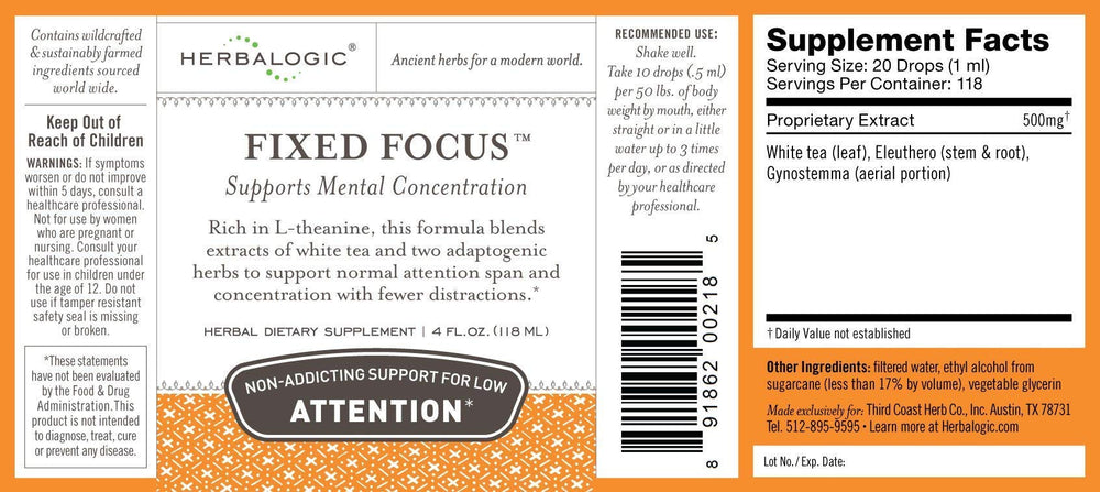 Herbalogic Fixed Focus bottle closeup highlights natural ingredients for study-ready focus.