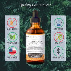 Herbalogic Fixed Focus label panel shows USA-made, cGMP-certified quality for reliable use.