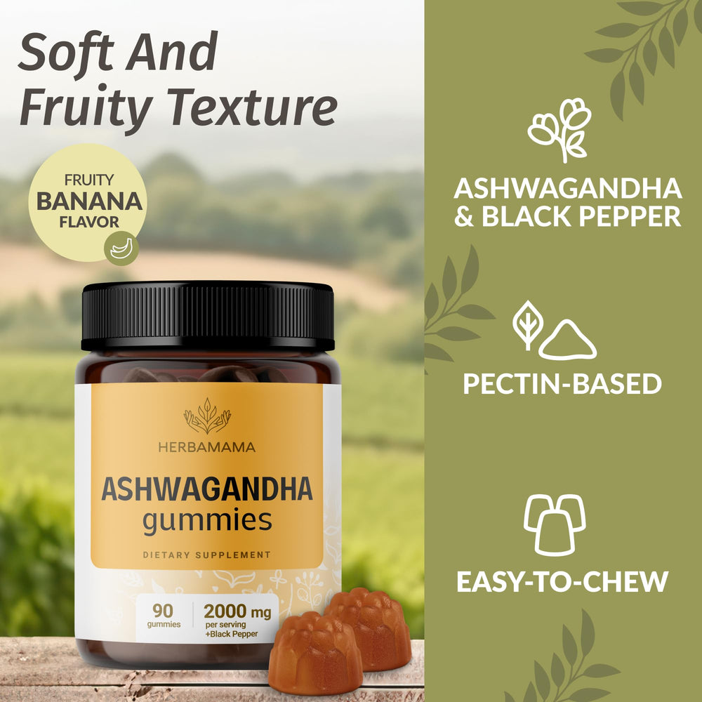 HERBAMAMA Ashwagandha gummies vegan badge confirms plant-based formula.