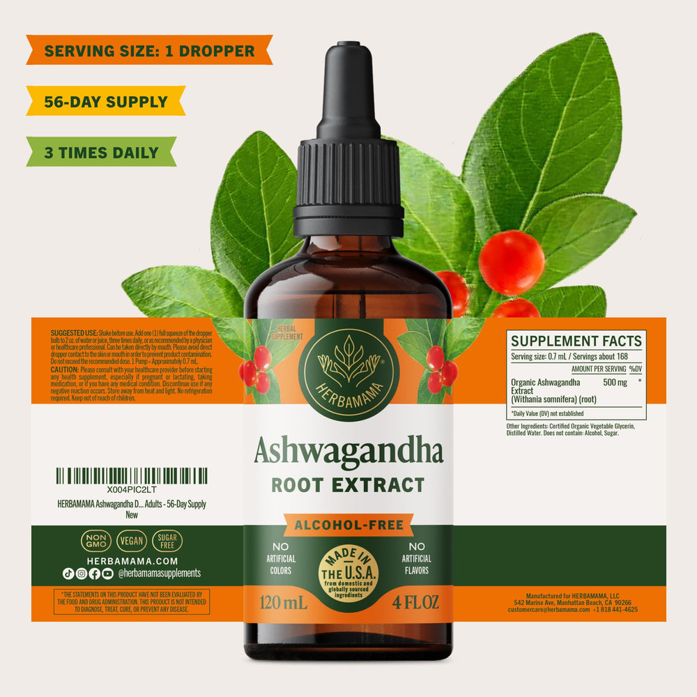 HERBAMAMA Ashwagandha Drops daily-use routine with tincture added to beverage.