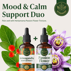 HERBAMAMA Ashwagandha Drops liquid form shown alongside glass of water.