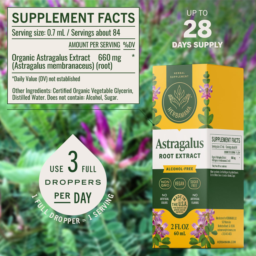HERBAMAMA Astragalus Drops three-ingredient formula label close-up