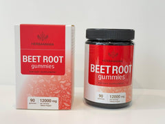 HERBAMAMA beet root gummies box front showcasing vegan, non-GMO formula.