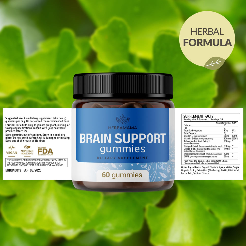 Herbamama Brain Support Gummies bottle cap open, showcasing easy two-gummy daily dose.