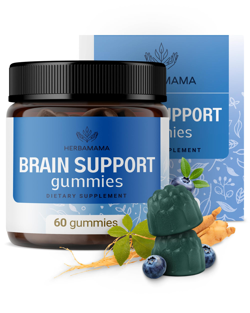 Herbamama Brain Support Gummies bottle on desk for daily focus support.