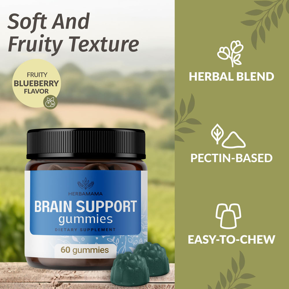 Herbamama Brain Support Gummies ingredients panel highlighting vegan and Non-GMO formula.