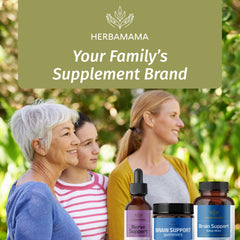 Herbamama Brain Support Gummies with blueberries signaling natural herbal blend.
