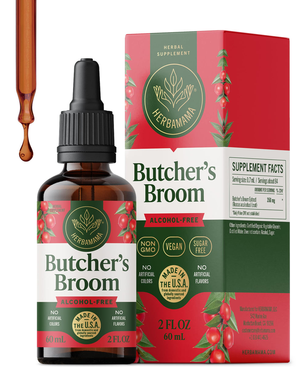 HERBAMAMA Butcher's Broom tincture bottle supports leg wellness with a vegan, non-GMO formula.