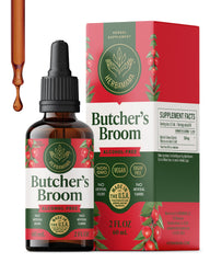 HERBAMAMA Butcher's Broom tincture bottle supports leg wellness with a vegan, non-GMO formula.