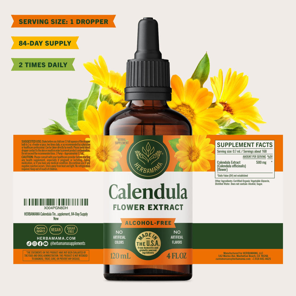 HERBAMAMA Calendula tincture packaging on display.