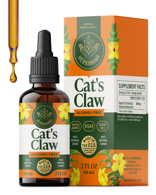 HERBAMAMA Cat's Claw tincture bottle showing vegan, alcohol-free immune support.