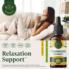 Dropper over glass promotes quick calm with natural chamomile