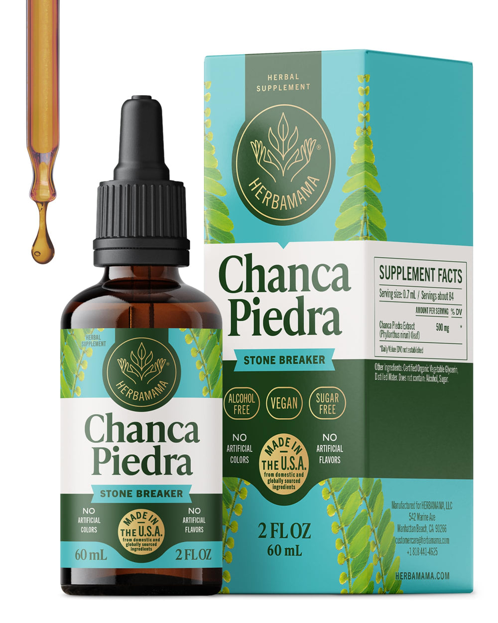 HERBAMAMA Chanca Piedra bottle label showing vegan, non-GMO formula.