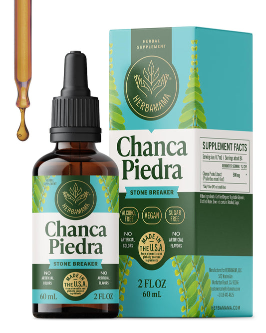 HERBAMAMA Chanca Piedra bottle label showing vegan, non-GMO formula.