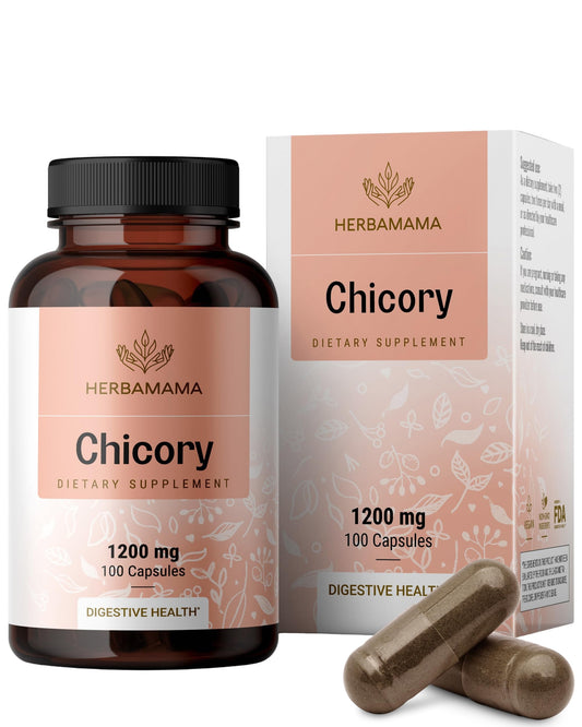 HERBAMAMA Chicory Root Fiber capsules in bottle showing vegan inulin support for digestive wellness
