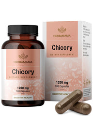 HERBAMAMA Chicory Root Fiber capsules in bottle showing vegan inulin support for digestive wellness
