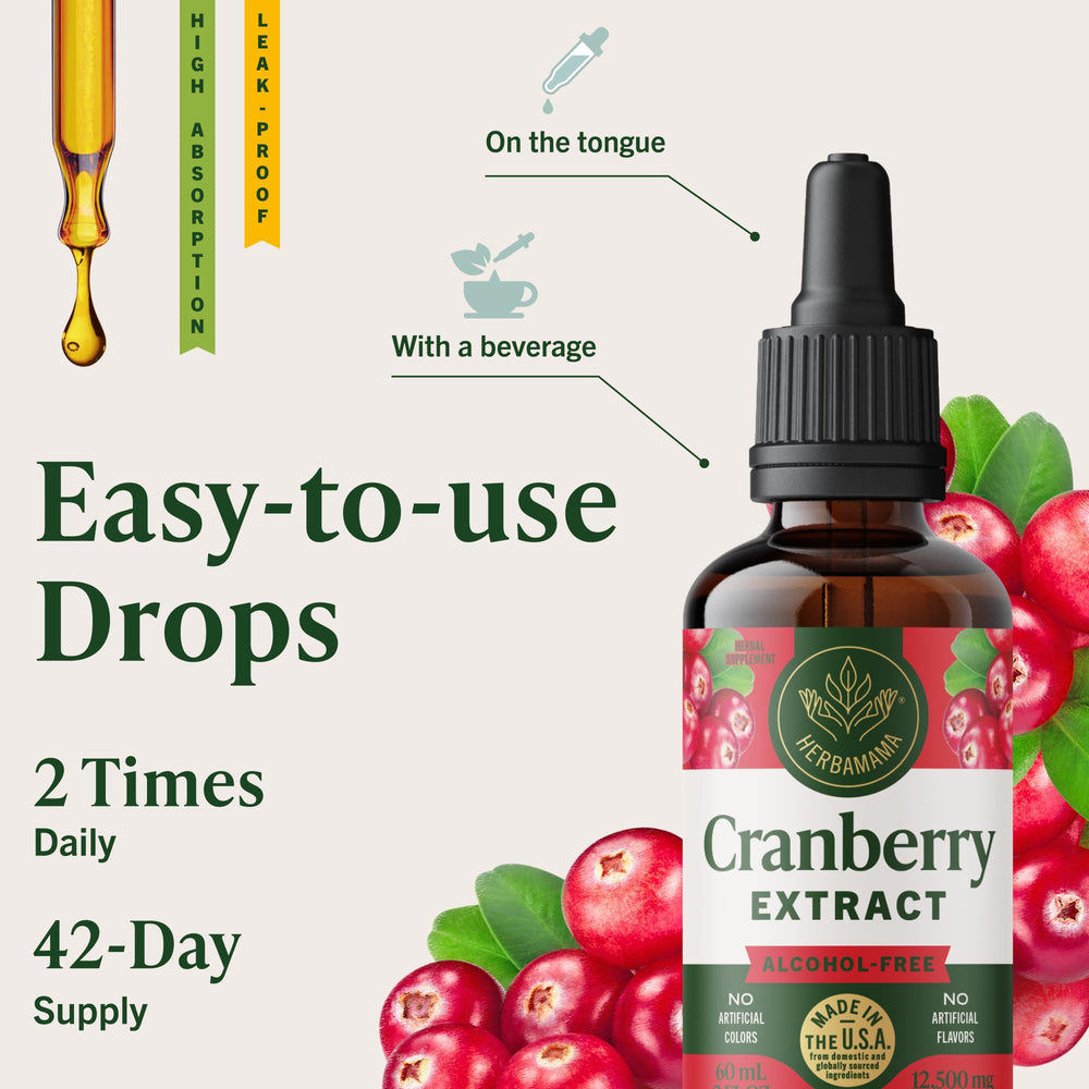 HERBAMAMA Cranberry Drops dropper dispensing for fast preparation.