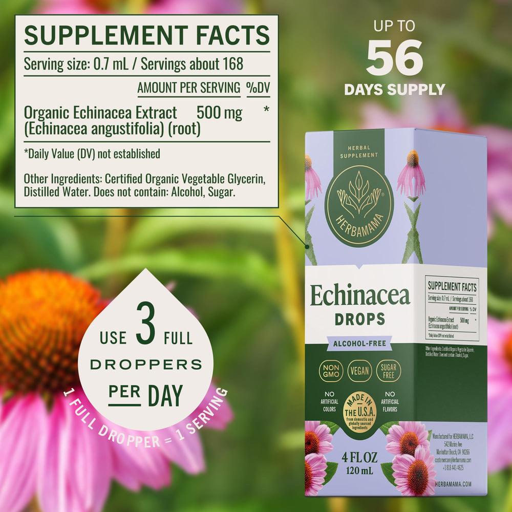 HERBAMAMA Echinacea tincture bottle pour reveals glycerin-based, alcohol-free formula.