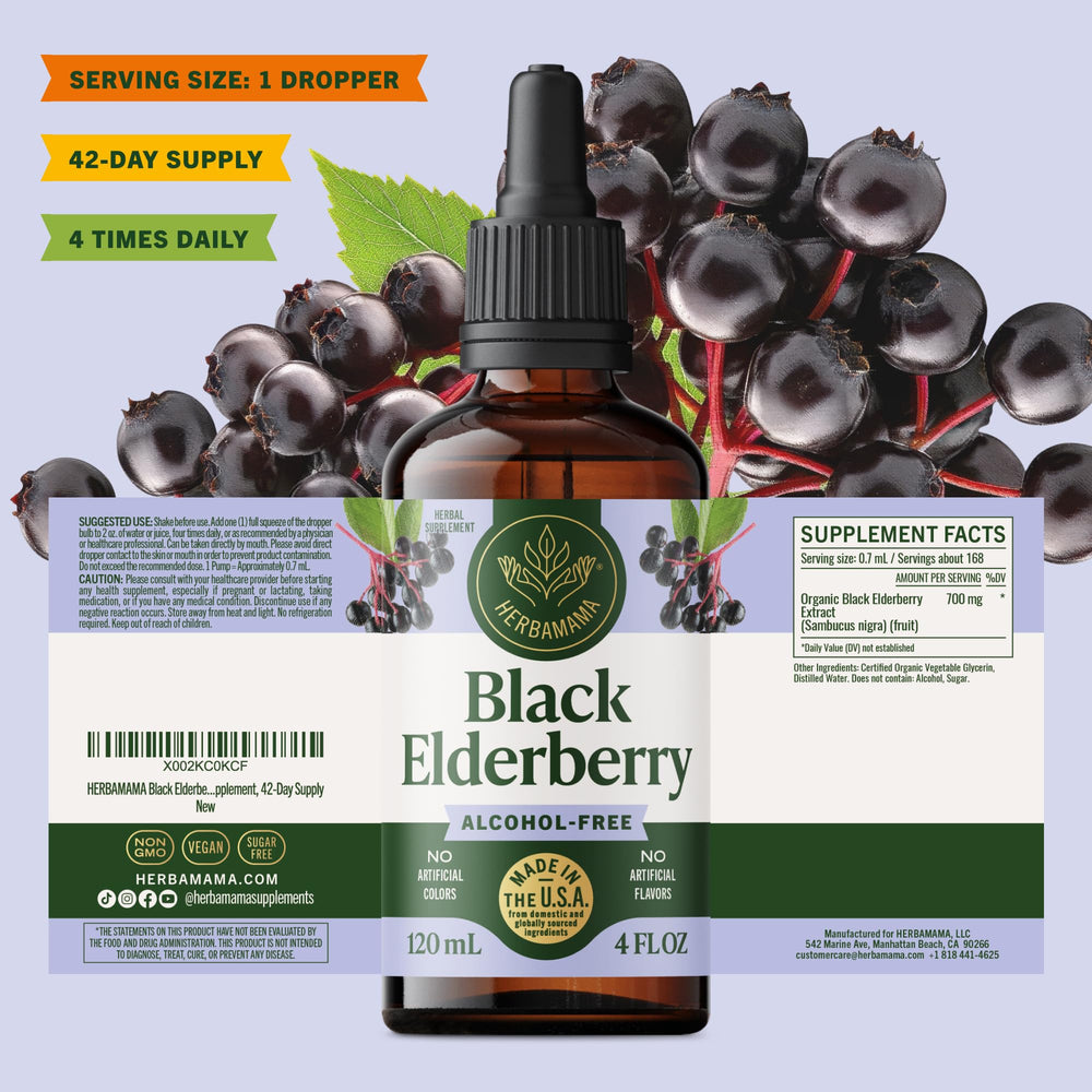 HERBAMAMA elderberry drops added to juice show easy mixing for daily use.