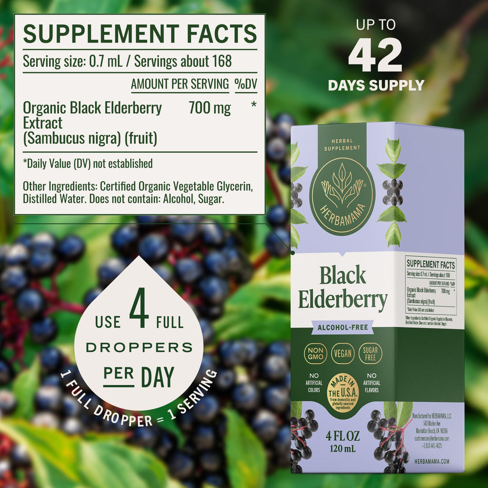 HERBAMAMA Elderberry liquid close-up reflects natural, non-GMO formula.