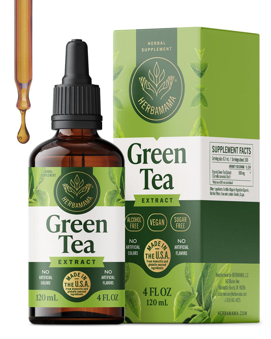 HERBAMAMA Green Tea Drops bottle front signaling antioxidant support.