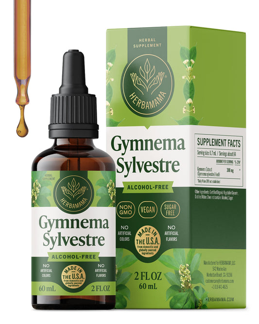 HERBAMAMA Gymnema Sylvestre Drops bottle pour, quick absorption highlighted.